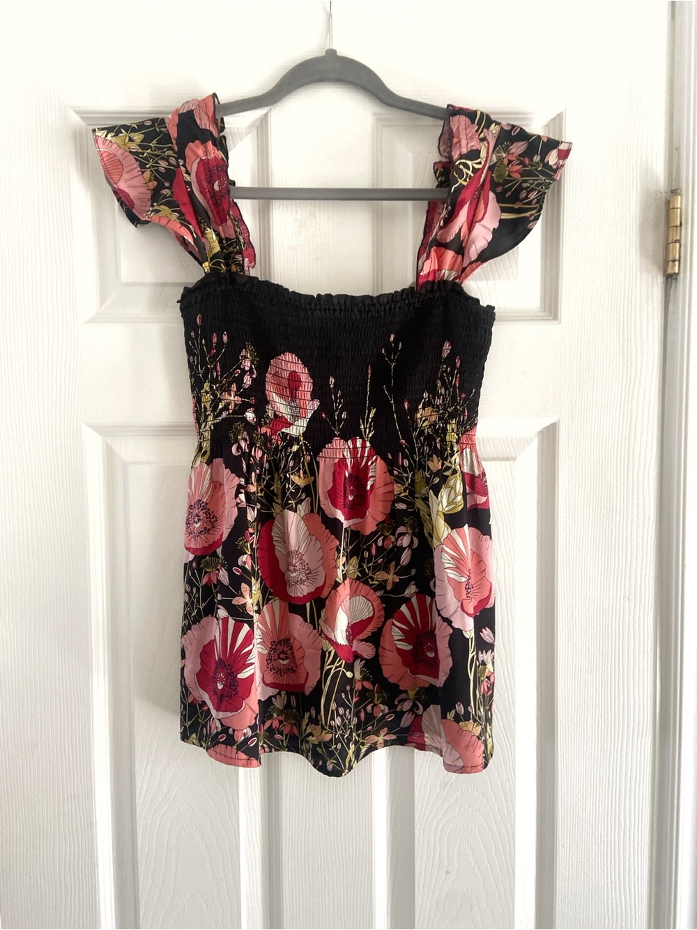 GUESS | Floral Smocked Top with Ruffled Straps - Black & Pink